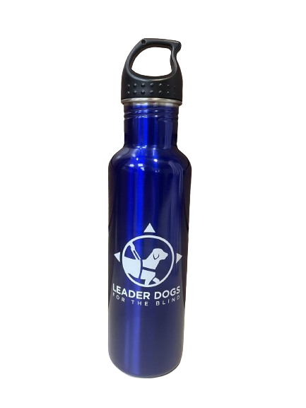 Blue stainless steel water bottle with white Leader Dog for the Blind logo